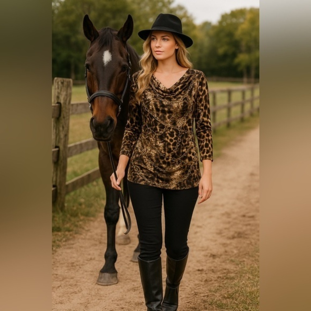 Cowl Neck Status Print Tunic Equestrian Luxe Animal Print Chain Top EUC M #2430